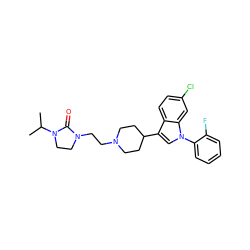 CC(C)N1CCN(CCN2CCC(c3cn(-c4ccccc4F)c4cc(Cl)ccc34)CC2)C1=O ZINC000013731199