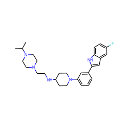 CC(C)N1CCN(CCNC2CCN(c3cccc(-c4cc5cc(F)ccc5[nH]4)c3)CC2)CC1 ZINC000263620729