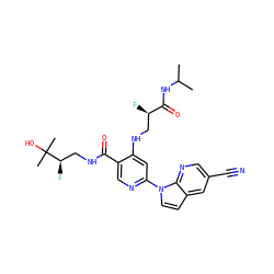 CC(C)NC(=O)[C@H](F)CNc1cc(-n2ccc3cc(C#N)cnc32)ncc1C(=O)NC[C@@H](F)C(C)(C)O ZINC001772605233