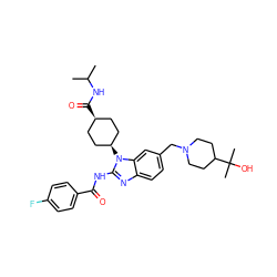 CC(C)NC(=O)[C@H]1CC[C@@H](n2c(NC(=O)c3ccc(F)cc3)nc3ccc(CN4CCC(C(C)(C)O)CC4)cc32)CC1 ZINC000725236948