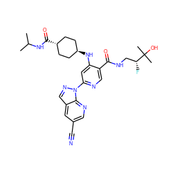 CC(C)NC(=O)[C@H]1CC[C@H](Nc2cc(-n3ncc4cc(C#N)cnc43)ncc2C(=O)NC[C@@H](F)C(C)(C)O)CC1 ZINC001772626291