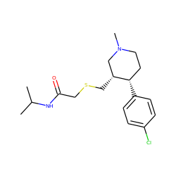 CC(C)NC(=O)CSC[C@@H]1CN(C)CC[C@@H]1c1ccc(Cl)cc1 ZINC000013677519