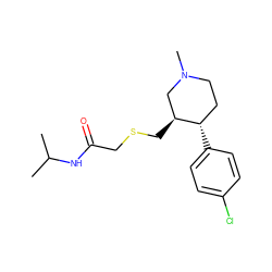 CC(C)NC(=O)CSC[C@H]1CN(C)CC[C@@H]1c1ccc(Cl)cc1 ZINC000013584863