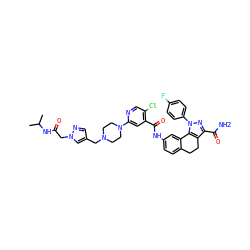 CC(C)NC(=O)Cn1cc(CN2CCN(c3cc(C(=O)Nc4ccc5c(c4)-c4c(c(C(N)=O)nn4-c4ccc(F)cc4)CC5)c(Cl)cn3)CC2)cn1 ZINC000072122182