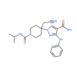 CC(C)NC(=O)N1CCC(CC#N)(n2cc(C(N)=O)c(Nc3ccccc3)n2)CC1 ZINC000222102609