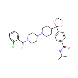 CC(C)NC(=O)c1ccc(C2(C3CCN(C4CCN(C(=O)c5ccccc5Cl)CC4)CC3)OCCO2)cc1 ZINC000029476623