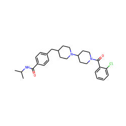 CC(C)NC(=O)c1ccc(CC2CCN(C3CCN(C(=O)c4ccccc4Cl)CC3)CC2)cc1 ZINC000029477052