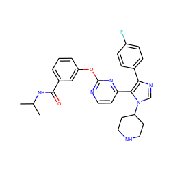 CC(C)NC(=O)c1cccc(Oc2nccc(-c3c(-c4ccc(F)cc4)ncn3C3CCNCC3)n2)c1 ZINC000036127115