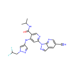 CC(C)NC(=O)c1cnc(-n2ncc3cc(C#N)cnc32)cc1Nc1cnn(CC(F)F)c1 ZINC001772624252