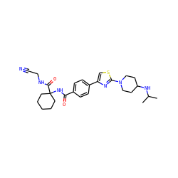 CC(C)NC1CCN(c2nc(-c3ccc(C(=O)NC4(C(=O)NCC#N)CCCCC4)cc3)cs2)CC1 ZINC000013676384