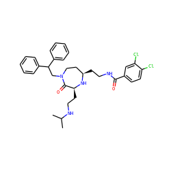 CC(C)NCC[C@@H]1N[C@H](CCNC(=O)c2ccc(Cl)c(Cl)c2)CCN(CC(c2ccccc2)c2ccccc2)C1=O ZINC000118693903