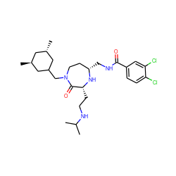 CC(C)NCC[C@H]1N[C@@H](CNC(=O)c2ccc(Cl)c(Cl)c2)CCN(CC2C[C@@H](C)C[C@H](C)C2)C1=O ZINC000206922273