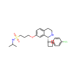 CC(C)NS(=O)(=O)CCCOc1ccc2c(c1)[C@@H](C1(c3ccc(Cl)cc3)CCC1)NCC2 ZINC000114981624