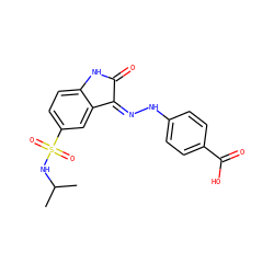 CC(C)NS(=O)(=O)c1ccc2c(c1)/C(=N/Nc1ccc(C(=O)O)cc1)C(=O)N2 ZINC000040975291