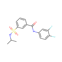 CC(C)NS(=O)(=O)c1cccc(C(=O)Nc2ccc(F)c(F)c2)c1 ZINC000015588360