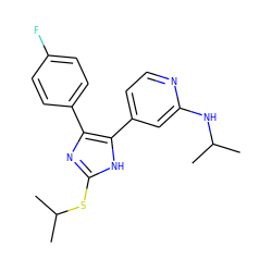 CC(C)Nc1cc(-c2[nH]c(SC(C)C)nc2-c2ccc(F)cc2)ccn1 ZINC000071329705