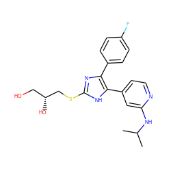 CC(C)Nc1cc(-c2[nH]c(SC[C@H](O)CO)nc2-c2ccc(F)cc2)ccn1 ZINC000040863072