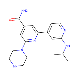 CC(C)Nc1cc(-c2cc(C(N)=O)cc(N3CCNCC3)n2)ccn1 ZINC000058569276