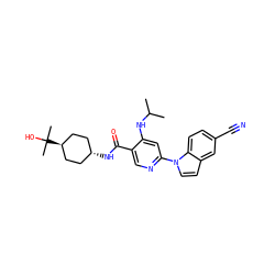 CC(C)Nc1cc(-n2ccc3cc(C#N)ccc32)ncc1C(=O)N[C@H]1CC[C@H](C(C)(C)O)CC1 ZINC001772621280