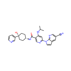 CC(C)Nc1cc(-n2ccc3cc(C#N)cnc32)ncc1C(=O)N[C@H]1CC[C@](O)(c2cccnc2)CC1 ZINC001772605029