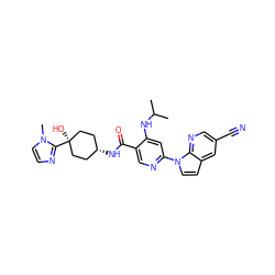 CC(C)Nc1cc(-n2ccc3cc(C#N)cnc32)ncc1C(=O)N[C@H]1CC[C@](O)(c2nccn2C)CC1 ZINC001772646371