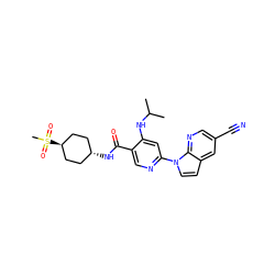 CC(C)Nc1cc(-n2ccc3cc(C#N)cnc32)ncc1C(=O)N[C@H]1CC[C@H](S(C)(=O)=O)CC1 ZINC001772601964