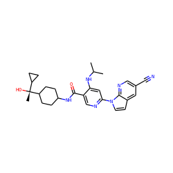 CC(C)Nc1cc(-n2ccc3cc(C#N)cnc32)ncc1C(=O)NC1CCC([C@](C)(O)C2CC2)CC1 ZINC001772628257