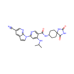 CC(C)Nc1cc(-n2ccc3cc(C#N)cnc32)ncc1C(=O)NC1CCC2(CC1)NC(=O)NC2=O ZINC001772655713