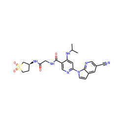 CC(C)Nc1cc(-n2ccc3cc(C#N)cnc32)ncc1C(=O)NCC(=O)N[C@H]1CCS(=O)(=O)C1 ZINC001772593667