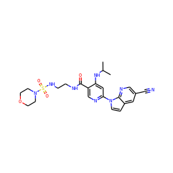 CC(C)Nc1cc(-n2ccc3cc(C#N)cnc32)ncc1C(=O)NCCNS(=O)(=O)N1CCOCC1 ZINC001772606301