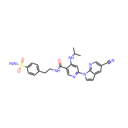 CC(C)Nc1cc(-n2ccc3cc(C#N)cnc32)ncc1C(=O)NCCc1ccc(S(N)(=O)=O)cc1 ZINC001772630491