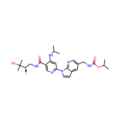 CC(C)Nc1cc(-n2ccc3cc(CNC(=O)OC(C)C)cnc32)ncc1C(=O)NC[C@@H](F)C(C)(C)O ZINC001772574148