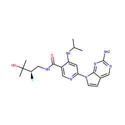 CC(C)Nc1cc(-n2ccc3cnc(N)nc32)ncc1C(=O)NC[C@@H](F)C(C)(C)O ZINC001772617452