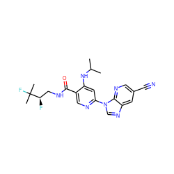 CC(C)Nc1cc(-n2cnc3cc(C#N)cnc32)ncc1C(=O)NC[C@@H](F)C(C)(C)F ZINC001772657625