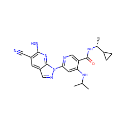 CC(C)Nc1cc(-n2ncc3cc(C#N)c(N)nc32)ncc1C(=O)N[C@H](C)C1CC1 ZINC001772599744