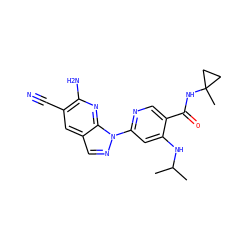 CC(C)Nc1cc(-n2ncc3cc(C#N)c(N)nc32)ncc1C(=O)NC1(C)CC1 ZINC001772653050