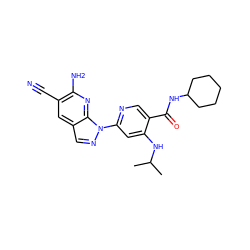 CC(C)Nc1cc(-n2ncc3cc(C#N)c(N)nc32)ncc1C(=O)NC1CCCCC1 ZINC001772571376