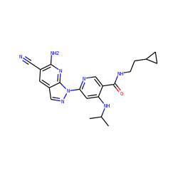 CC(C)Nc1cc(-n2ncc3cc(C#N)c(N)nc32)ncc1C(=O)NCCC1CC1 ZINC001772648341