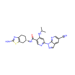 CC(C)Nc1cc(-n2ncc3cc(C#N)cnc32)ncc1C(=O)N[C@H]1CCc2nc(N)sc2C1 ZINC001772653036