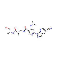 CC(C)Nc1cc(-n2ncc3cc(C#N)cnc32)ncc1C(=O)NC[C@@H](F)C(=O)N[C@@H](C)CO ZINC001772655500