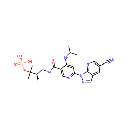 CC(C)Nc1cc(-n2ncc3cc(C#N)cnc32)ncc1C(=O)NC[C@@H](F)C(C)(C)OP(=O)(O)O ZINC001772577054