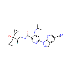 CC(C)Nc1cc(-n2ncc3cc(C#N)cnc32)ncc1C(=O)NC[C@@H](F)C(O)(C1CC1)C1CC1 ZINC001772570370