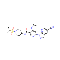 CC(C)Nc1cc(-n2ncc3cc(C#N)cnc32)ncc1C(=O)NC1CCN(S(=O)(=O)C(C)C)CC1 ZINC001772580106