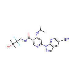 CC(C)Nc1cc(-n2ncc3cc(C#N)cnc32)ncc1C(=O)NCC(F)(F)C(C)(C)O ZINC001772626334