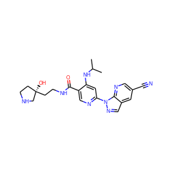 CC(C)Nc1cc(-n2ncc3cc(C#N)cnc32)ncc1C(=O)NCC[C@]1(O)CCNC1 ZINC001772651528