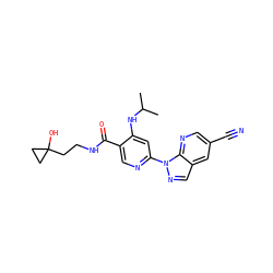 CC(C)Nc1cc(-n2ncc3cc(C#N)cnc32)ncc1C(=O)NCCC1(O)CC1 ZINC001772657010