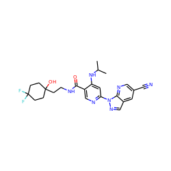 CC(C)Nc1cc(-n2ncc3cc(C#N)cnc32)ncc1C(=O)NCCC1(O)CCC(F)(F)CC1 ZINC001772578967