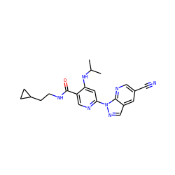 CC(C)Nc1cc(-n2ncc3cc(C#N)cnc32)ncc1C(=O)NCCC1CC1 ZINC001772639066