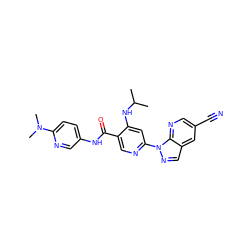 CC(C)Nc1cc(-n2ncc3cc(C#N)cnc32)ncc1C(=O)Nc1ccc(N(C)C)nc1 ZINC001772654407