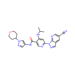 CC(C)Nc1cc(-n2ncc3cc(C#N)cnc32)ncc1C(=O)Nc1cnn(C2CCOCC2)c1 ZINC001772597239